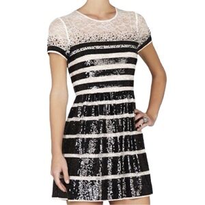 BCBG Tasi black and white striped sequin lace dress size 6
